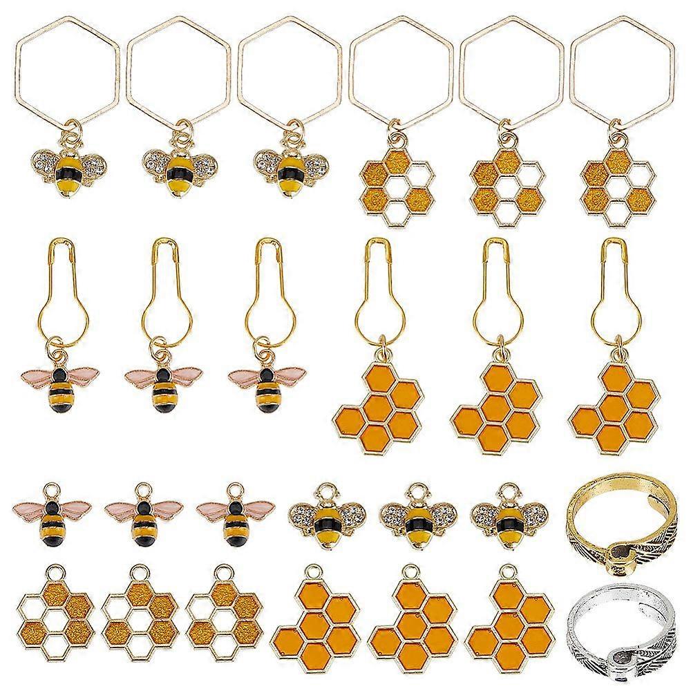 26Pcs Bees Honeycomb DIY Knitting Tool Sets including Alloy Enamel Pendant Pendant Stitch Markers Alloy Yarn Guide Finger Ring Golden 1.3~4.3cm