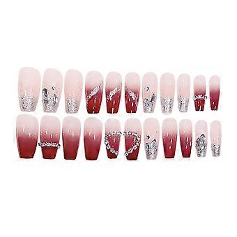 Rhinestone Glitter Decor Red Smudging False Nails Long Lasting Safe Material Waterproof False Nails  Glue Models