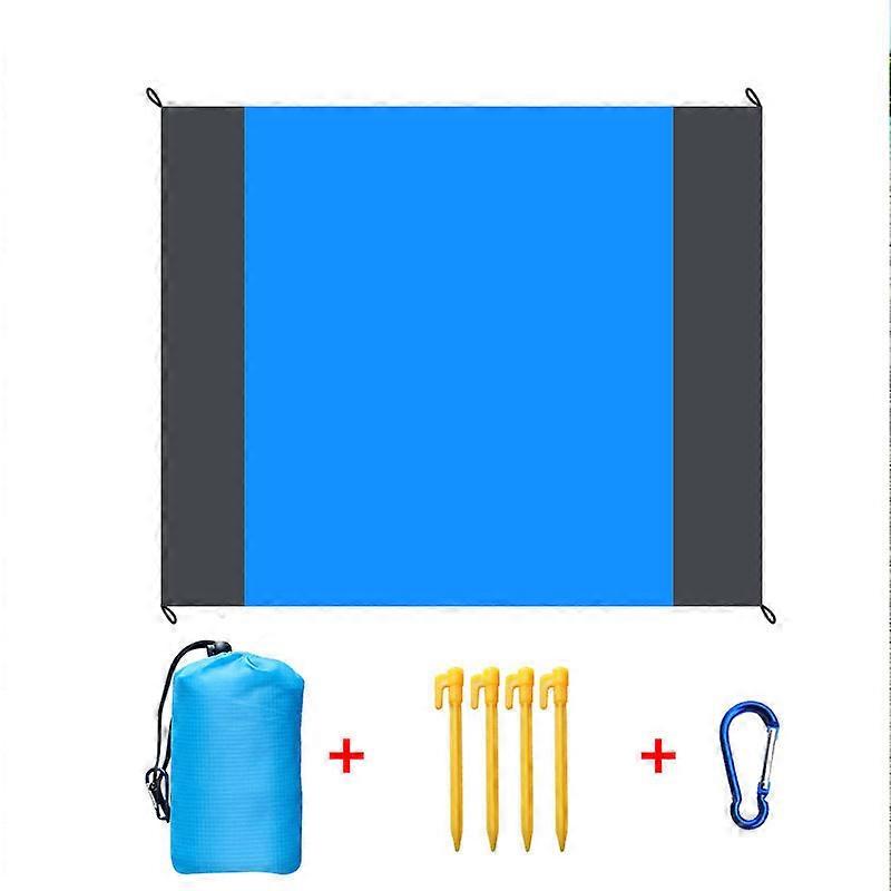 Picnic Blanket 210x200cm Beach Blanket Waterproof Sand Resistant Portable Camping Mat with 4 Posts Blue