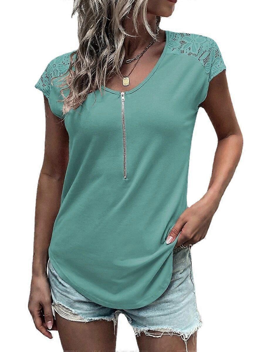 Solid color round neck half zipper splicing lace short sleeve top