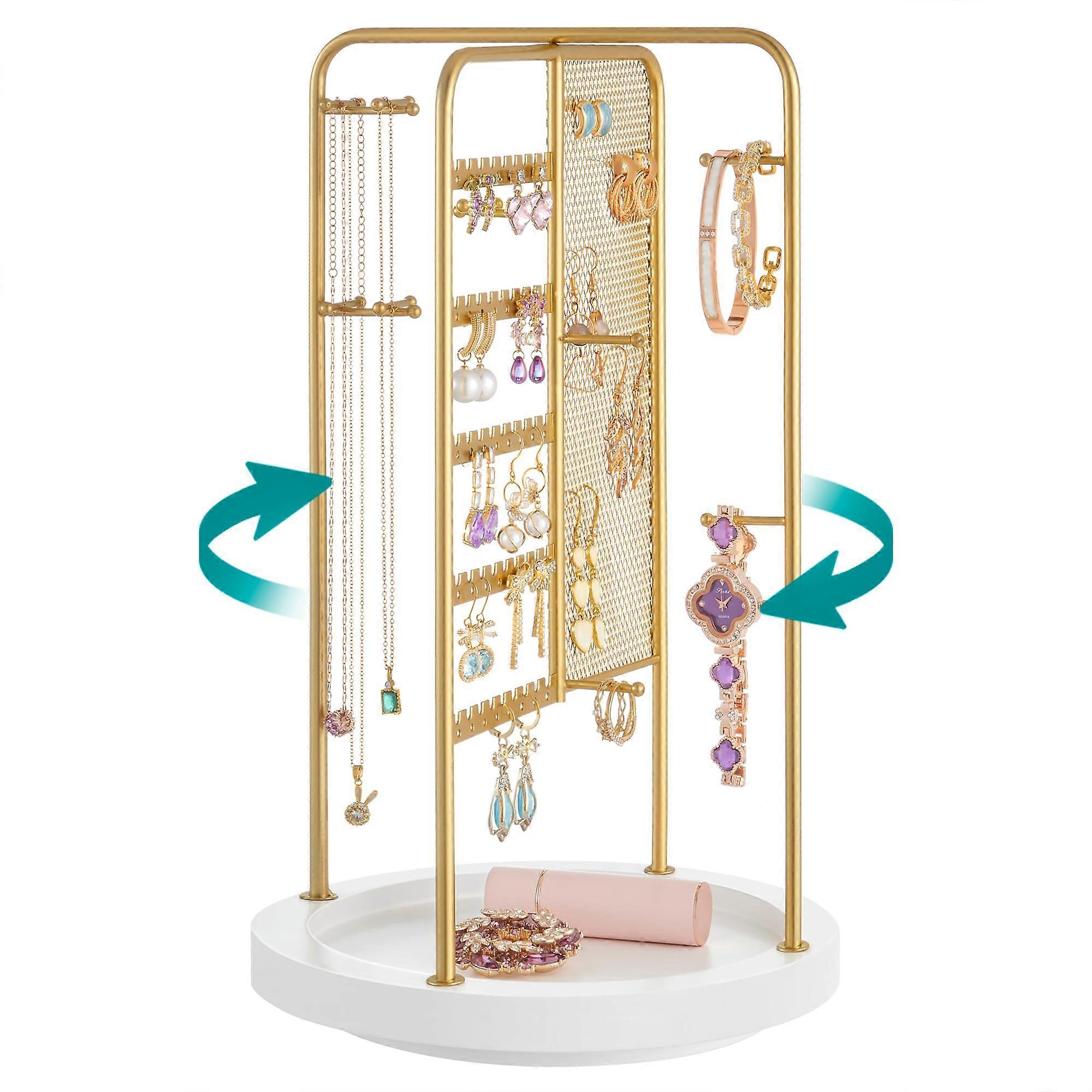 Rotating Jewelry Stand, 4 Sections, Metal Frame with Tray, Organizer for Necklaces, Bracelets, Earrings, Rings, UJJS023A01
