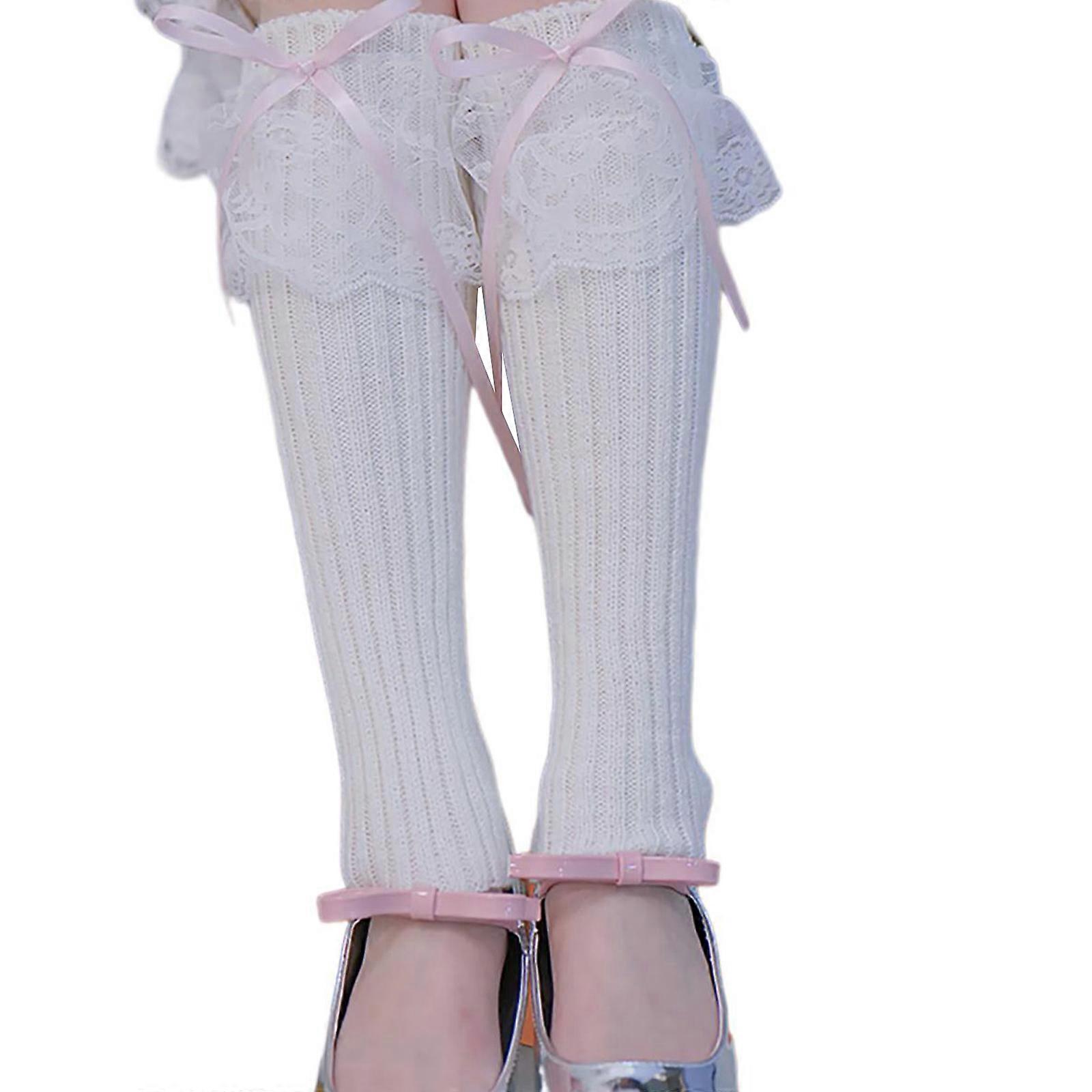 נשים Fairycore מצולע לסרוג רגל חם יותר גרביים באורך הברך סגנון יפני אלגנטי תחרה לקצץ Bowknot רגל שרוול כיסויי מגף לבן