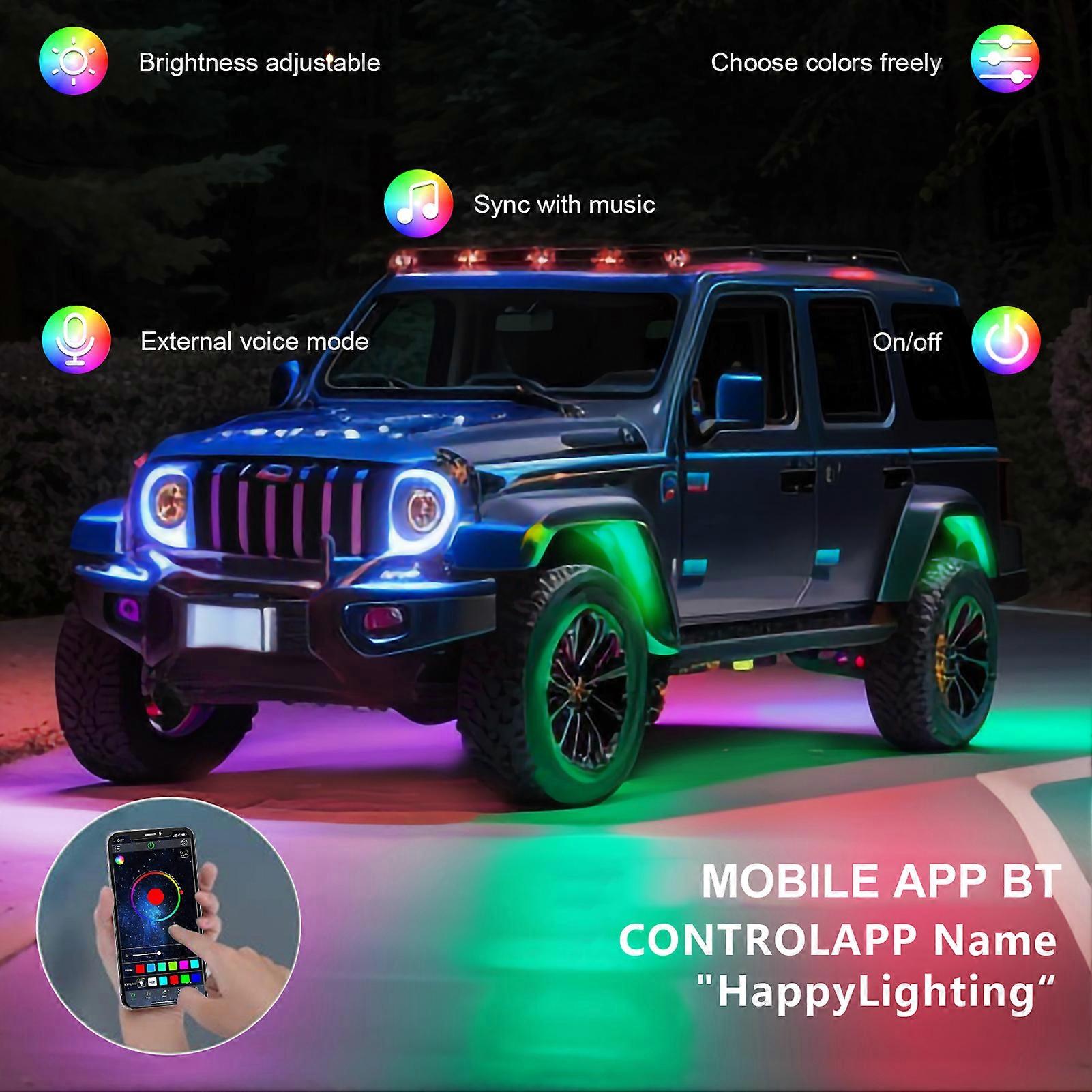 LED Rock Lights 6pcs Multicolor LED Lights Brightness Adjustment Waterproof with APP BT 4 Key Controller Sync with Music Function for SUV ATV UTV