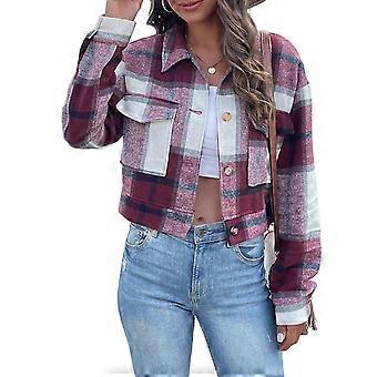 Womens Plaids Shacket Jacket Long Sleeve Button Down Thick Shirts Fashion Winter Coats Short Pocket Tops  Burgundy XL