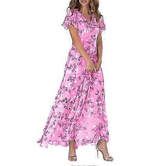 V-neck Ruffle Short Sleeve Maxi Dress Waist Tight High-waist Flowy Hem  Sweet Floral Print Chiffon Dress Female Clothing | Fruugo NO