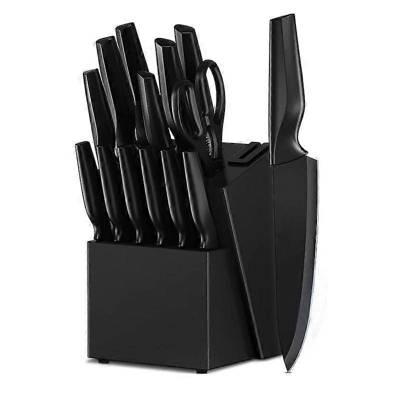 Knife Set, 15PCS German Stainless Steel Kitchen knife Set, Block Set for Kitchen with Built-in Sharpener, Black