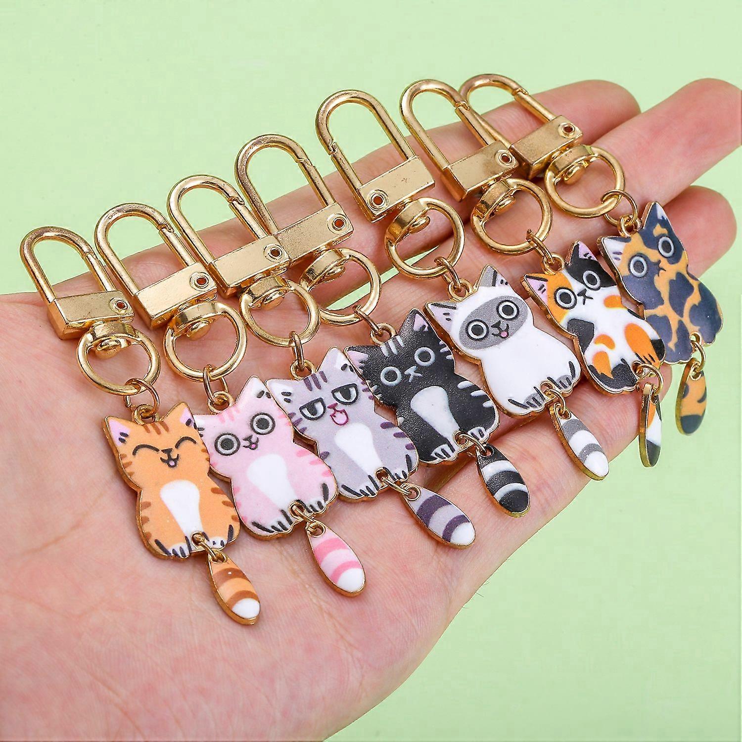 7 Pieces Cute Funny Enamel Cat Keychain Alloy Animal Keyring for Car Keys Backpacks and Purses