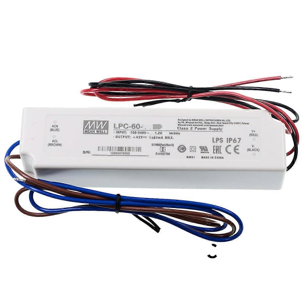 Mean Well LPC 60W LED Driver 9-34V AC-DC Power Supply Model LPC-60-1750 for 1750mA LED Lighting Applications