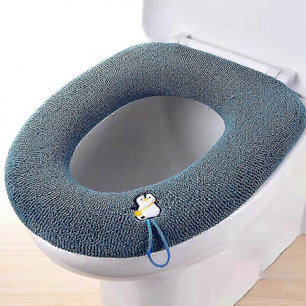 3PCS knitted toilet seat cushions for home use in winter solid color-single cyan penguin with handle &My