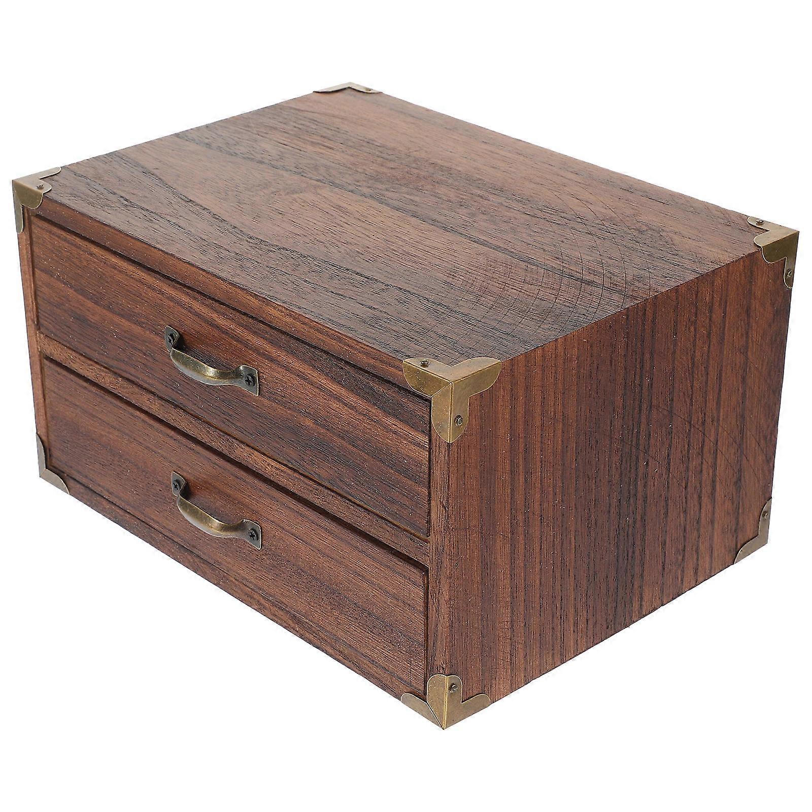 Compact Vintage Wooden Storage Box with 2 Drawers – Desktop Organizer for Home, Office, Documents, Jewelry & Clutter Control