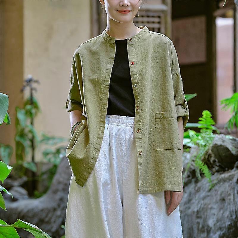 Johnature Women Chinese Style Linen Shirts Tops Spring Stand Long Sleeve Solid Color Button Pockets Women Shirts