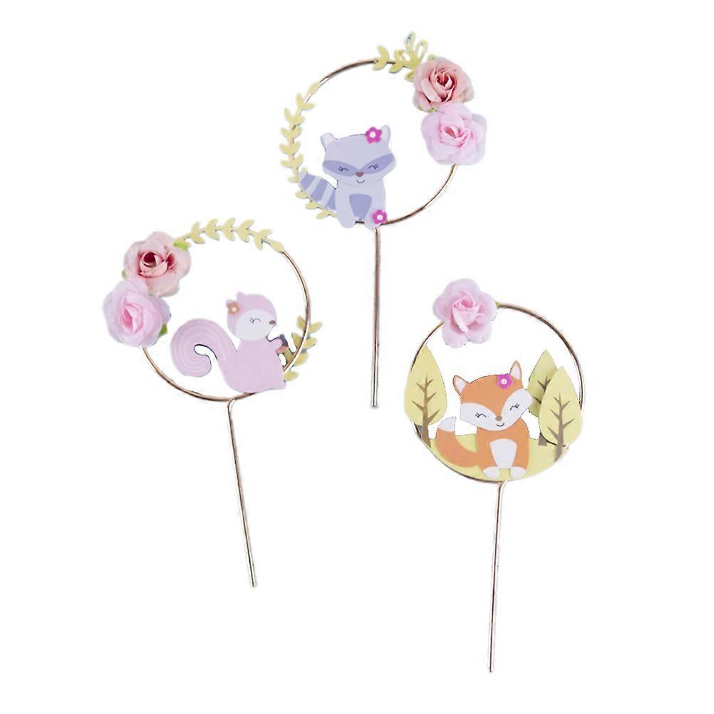 Flower Shape Cake Toppers Paper Animal Theme Birthday Cupcake Decorations 3Pcs