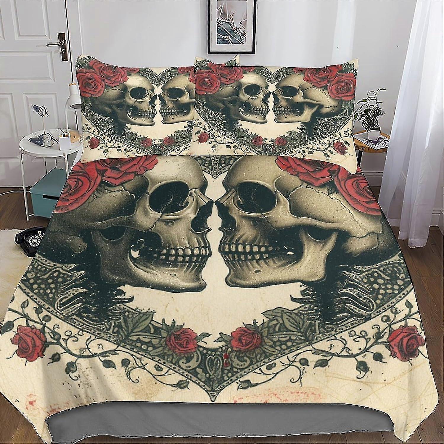 Skull With Flowers 3D Printed Quilt Cover 3 Pieces Bedding Set with Microfiber Hidden Zipper Closure and Pillowcases