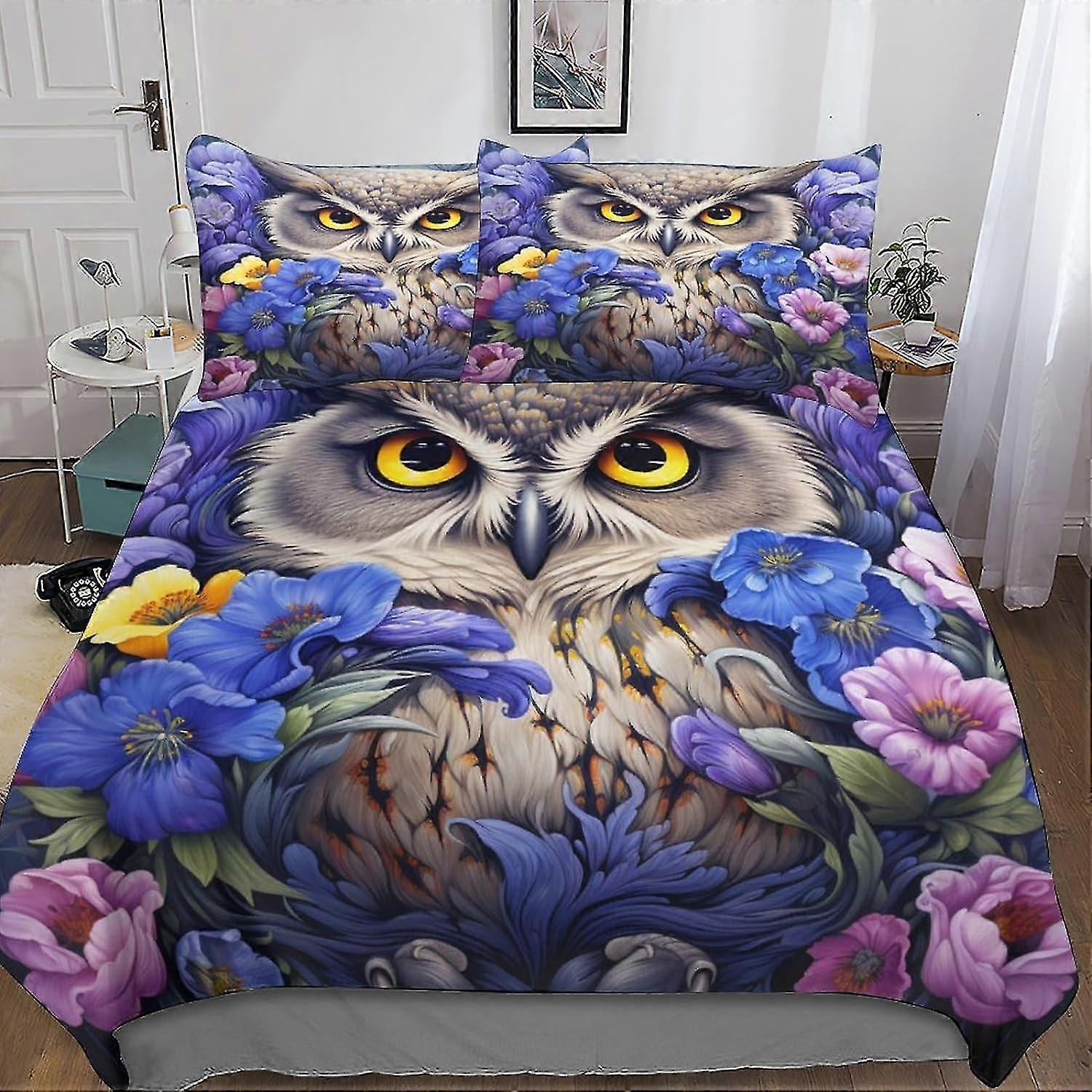 Conjunto de capa de edredom de coruja colorida com fecho de zíper, conjunto de capa de colcha floral para adolescentes e adultos, microfibra durável 3 peças