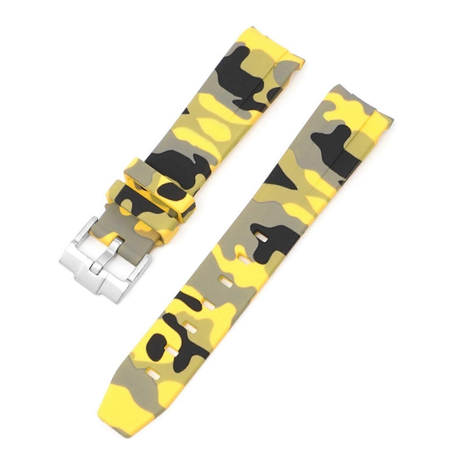 20mm Curved End Natural Fluoride Rubber Watch Strap Replacement for Rolex Submariner Explorer 2 Rolls Camouflage Yellow 20mm