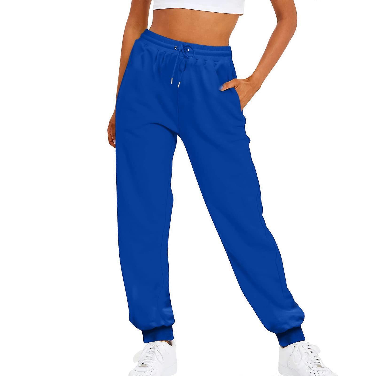 Women's solid color drawstring elastic waist casual loose fleece jogging pants, stretch shorts, size 48 blue XXL