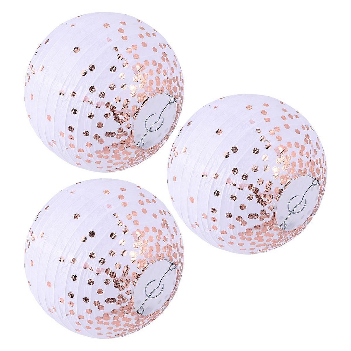 Hanging Lanterns Round Foldable Lantern Decoration 8 Inches Gilding Rose Gold Dots Pattern 3Pcs