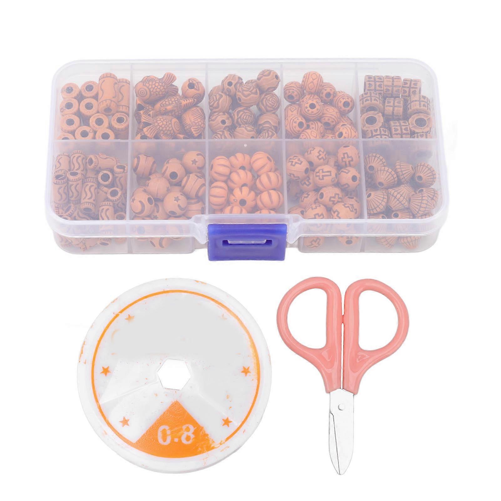 199Pcs Imitation Wood Beads DIY Handcraft Large Hole Stripe Beads Preservative Resin Vintage Beads with Scissors Thread