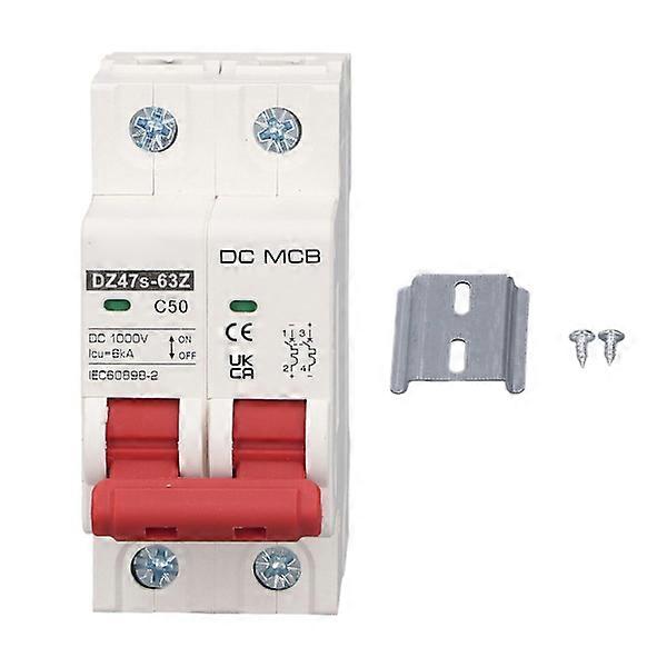 SG DC miniature circuit breaker, 2P 50A DC1000V, 6000A breaking capacity, DIN rail mounting