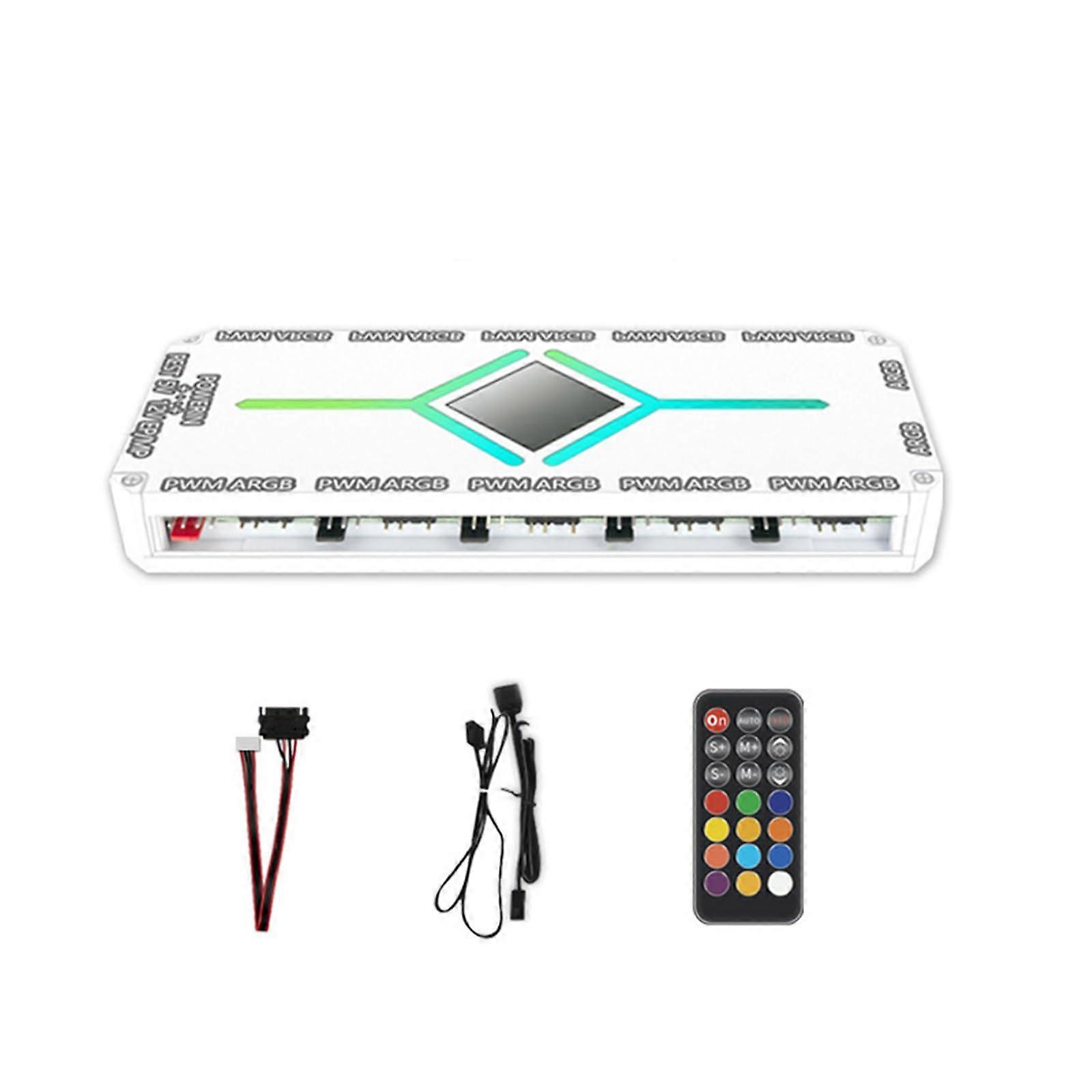 12port ARGB and 10port fan hub controller with remote control, 5V 3pin for efficient PC setup.