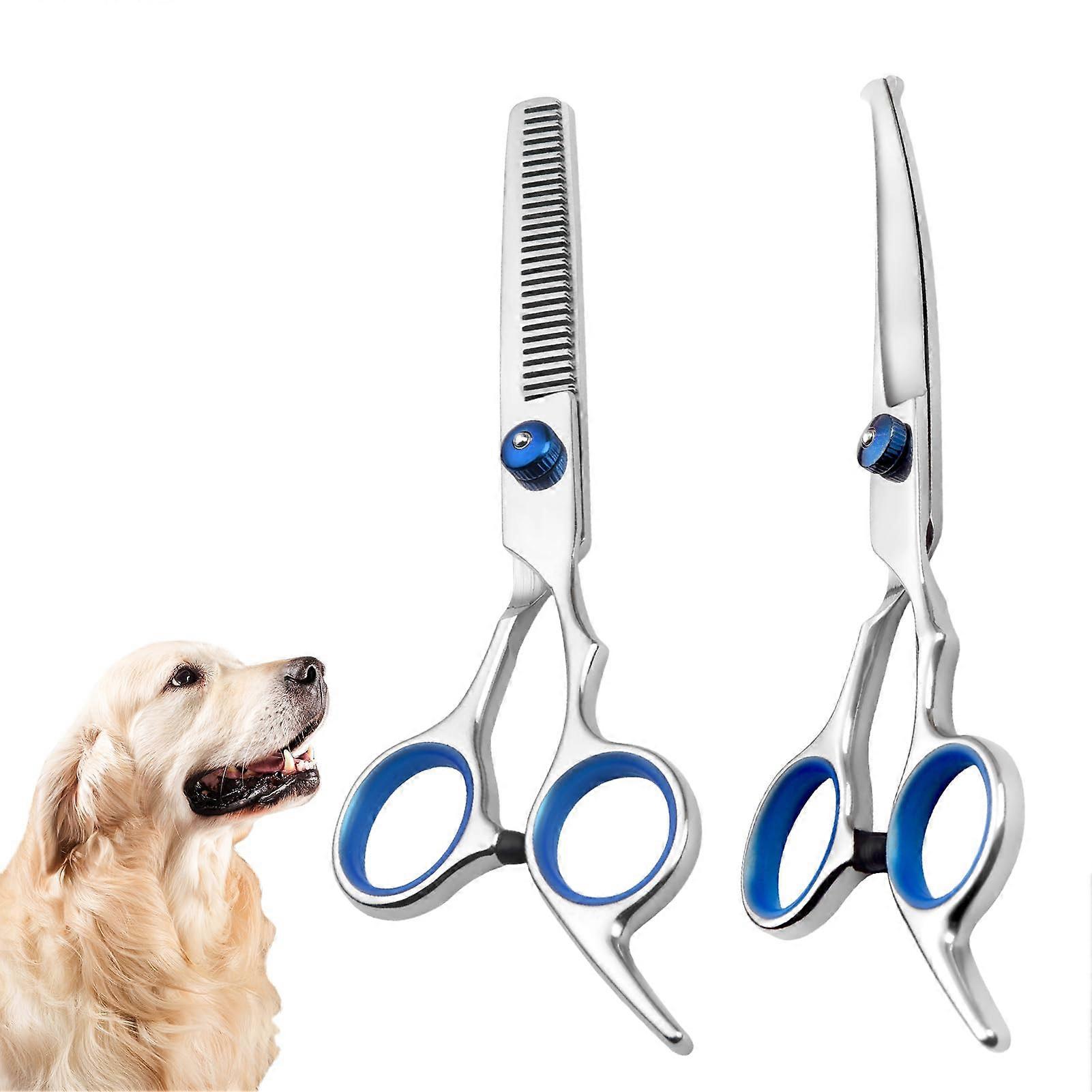 2 pcs Dog Scissors Set, 1Pcs Blue Curved Grooming Scissors with Safety Round Tip and 1 pcs Professional Thinning Shears, for Cats, Pet ect