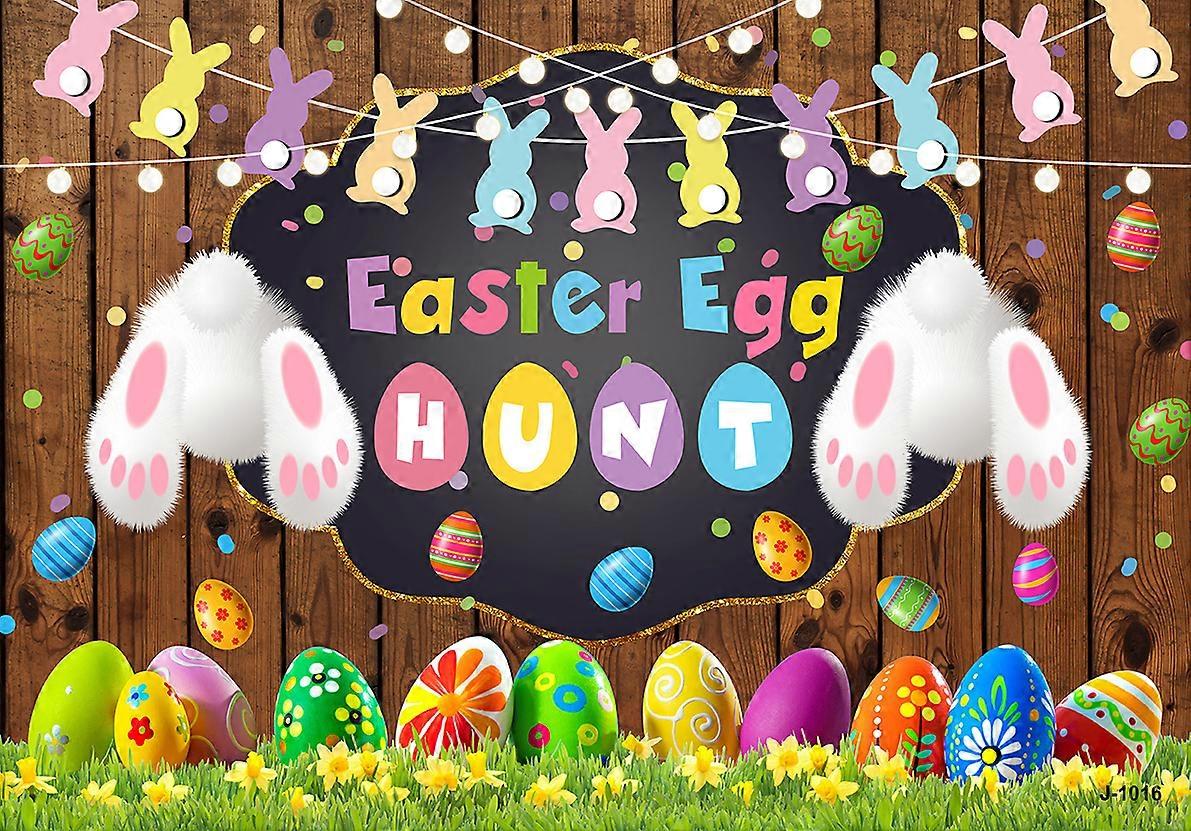 Spring Happy Easter Theme Photography Backdrop Rustic Wooden Wall Background Bunny Rabbit Colorful Eggs Grass Floral Baby Kids