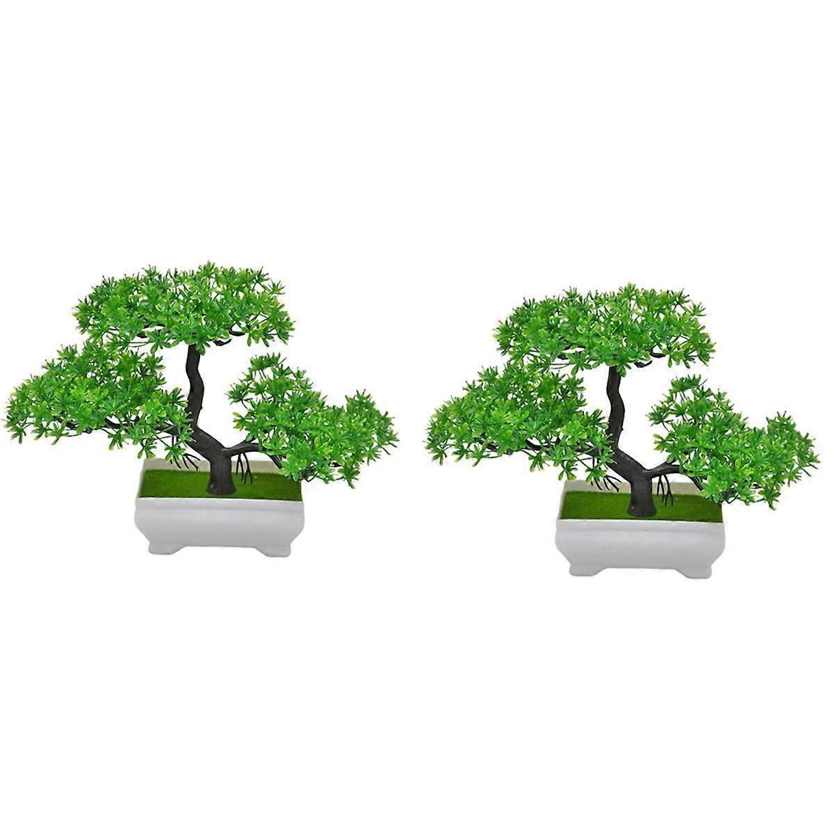 2Pcs Artificial Plant Bonsai Plastic Small Tree Pot,Green