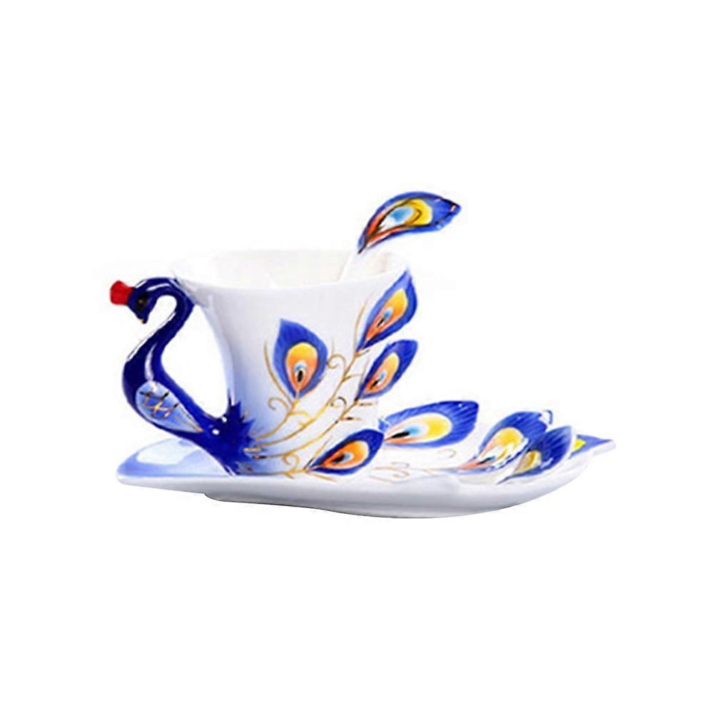 Blue Ceramic Coffee Cup Set for Drinking Use 2Pcs Porcelain Cups Including Saucer and Spoon