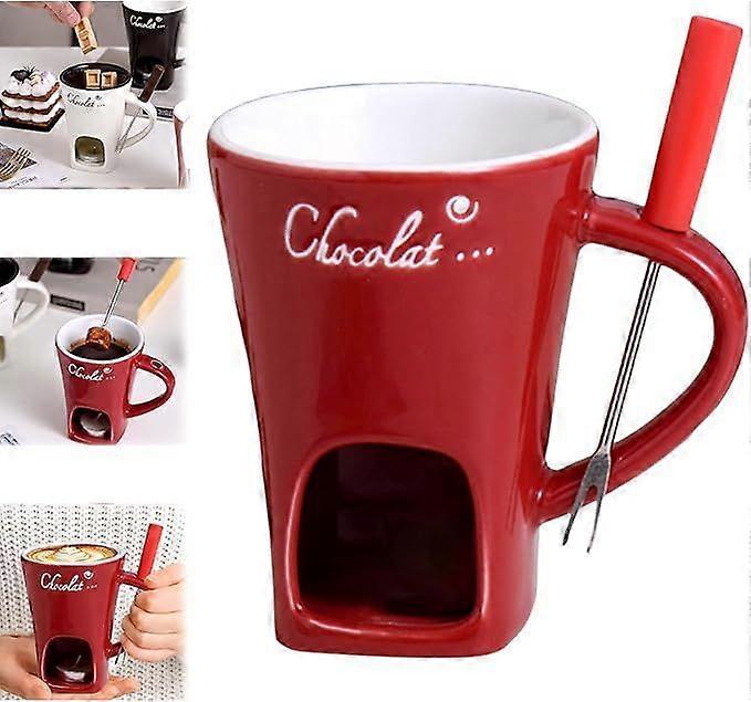 Chocolate fondue cup, mug for melting chocolate, ceramic chocolate fondue cup, multi-purpose chocolate fondue set with fork and tea light, suitable fo