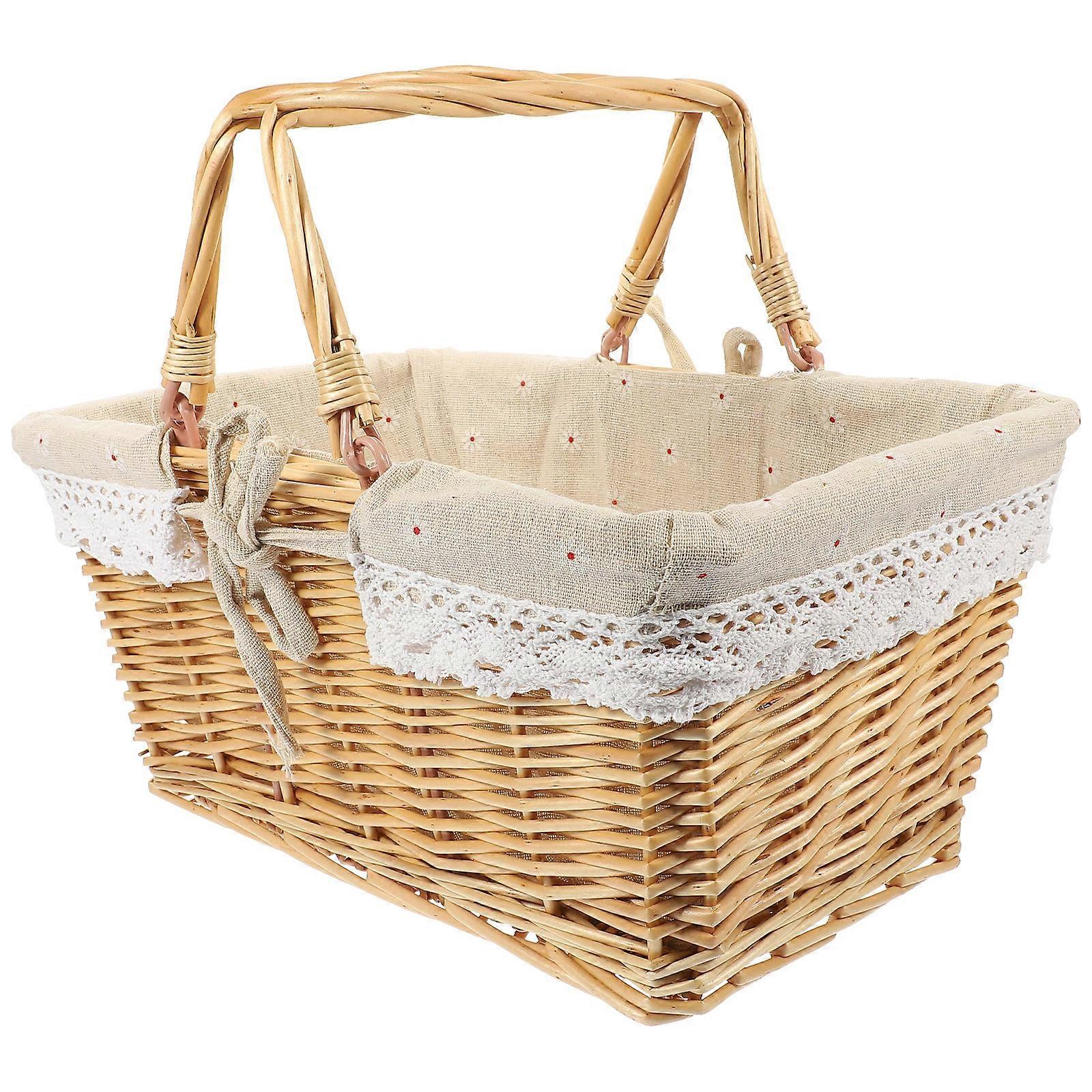 Handheld Picnic Basket Bread Storage Basket for Picnic Beige Wicker