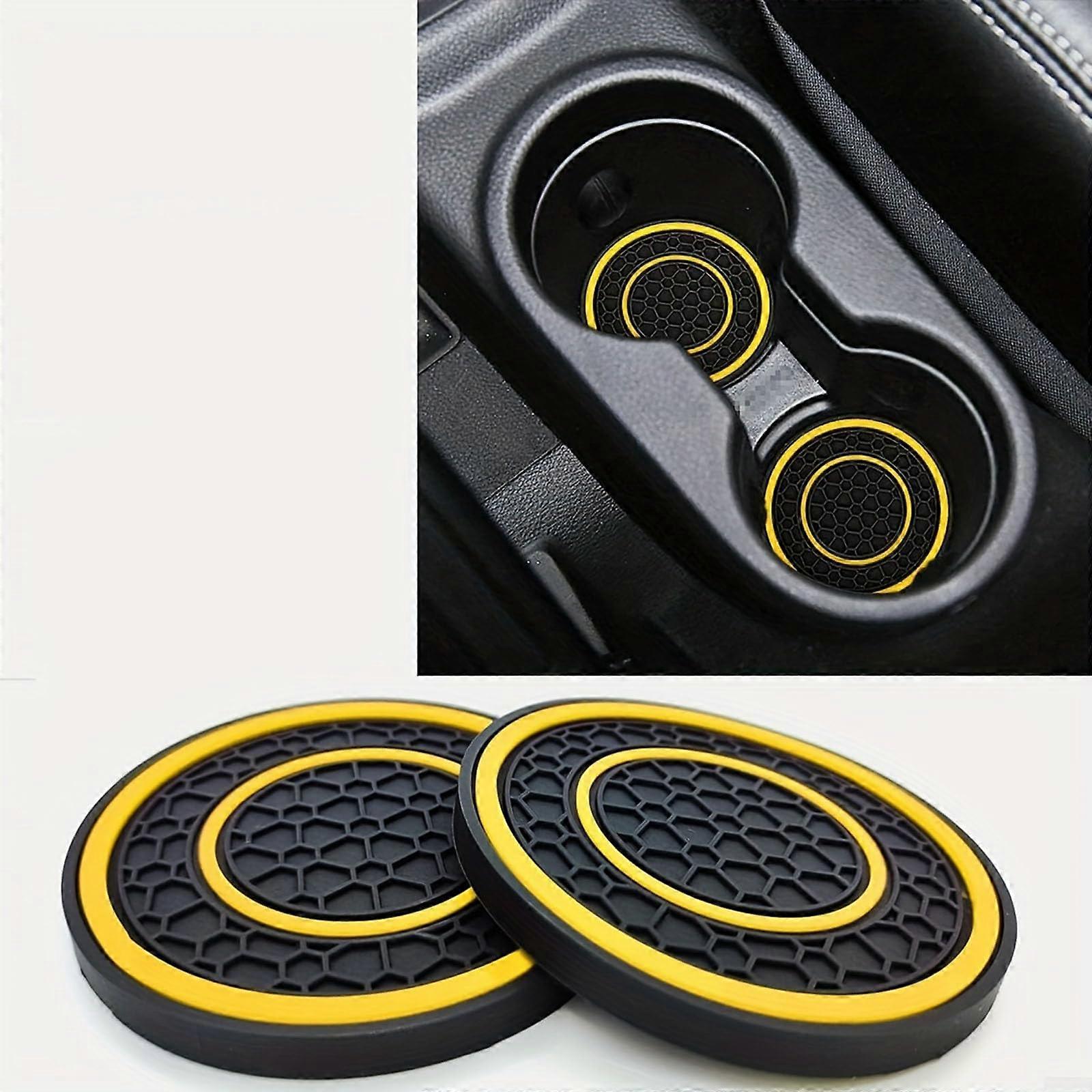 Car Cup Holder Insert PVC Double Ring AntiSlip Pad Dustproof Protector Universal Fit, 2pcs Yellow