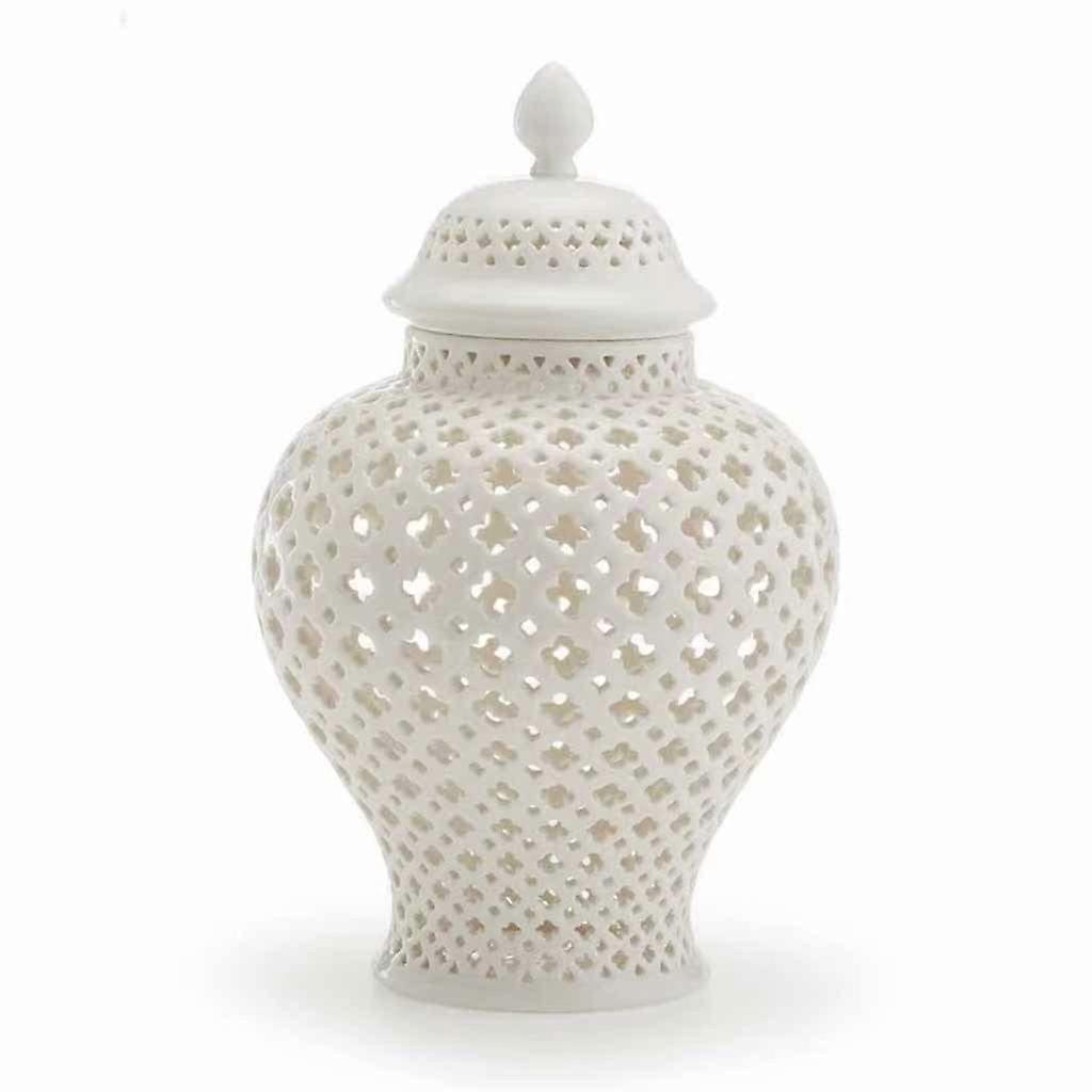 White Ceramic Ginger Jar with Lid, Decorative Openwork Vase for Home, Small Temple Jar