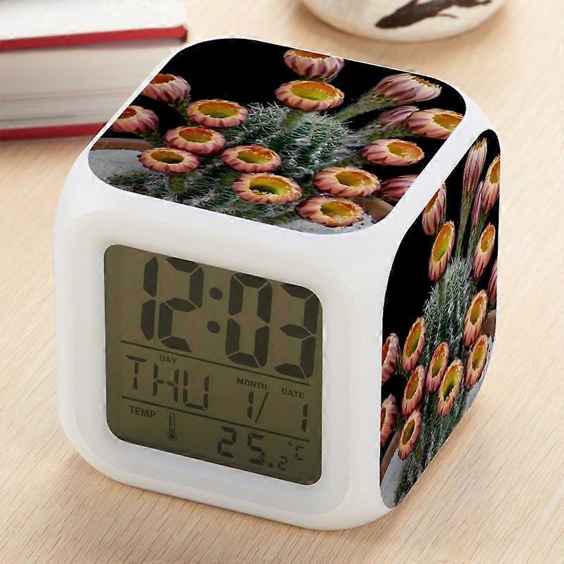Cactus Flower Pattern Miniature Clock with Creative LED Seven-Color Changing Square Design