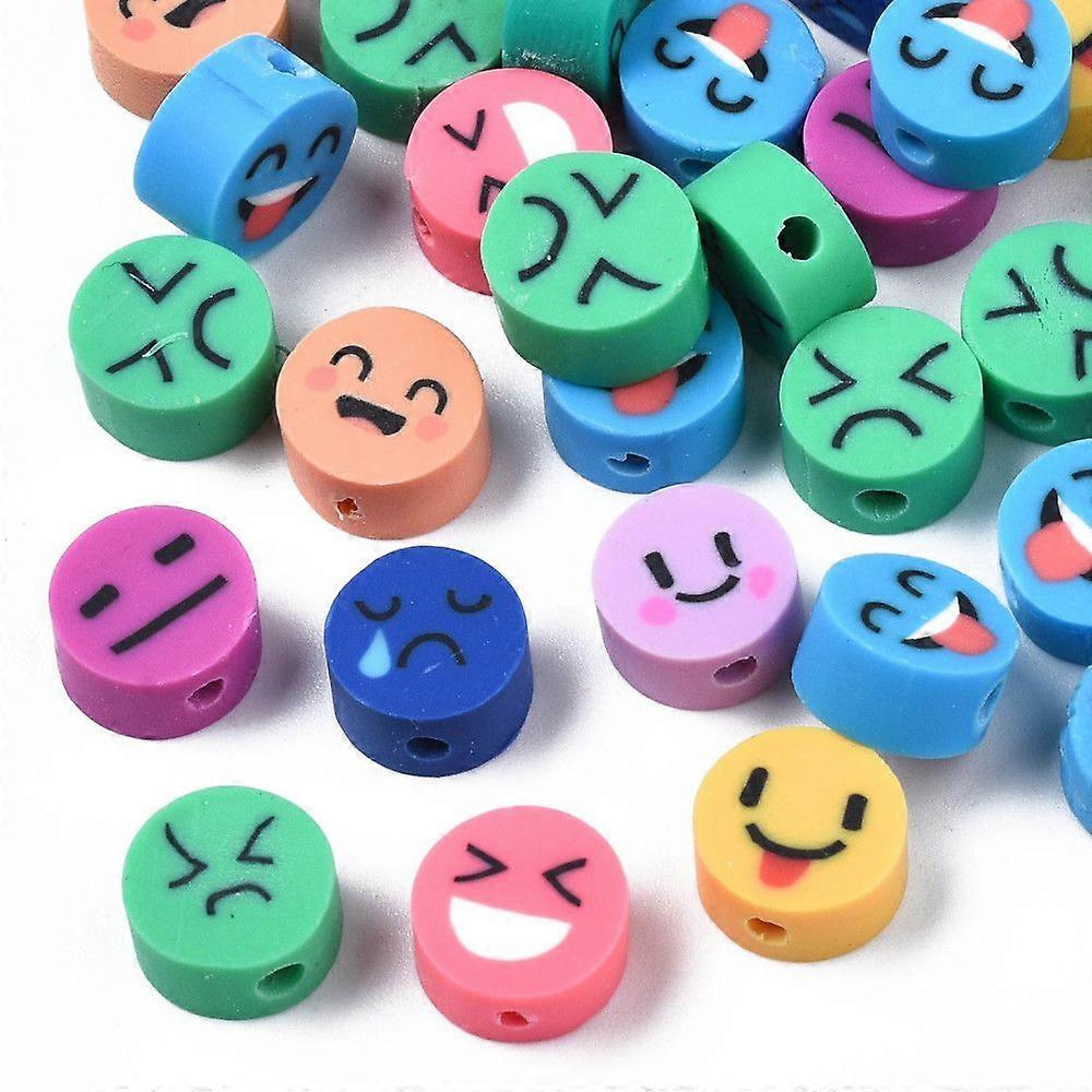 Handmade Polymer Clay Beads Flat Round with Expression Mixed color 9~10x4~5mm Hole: 1.6mm