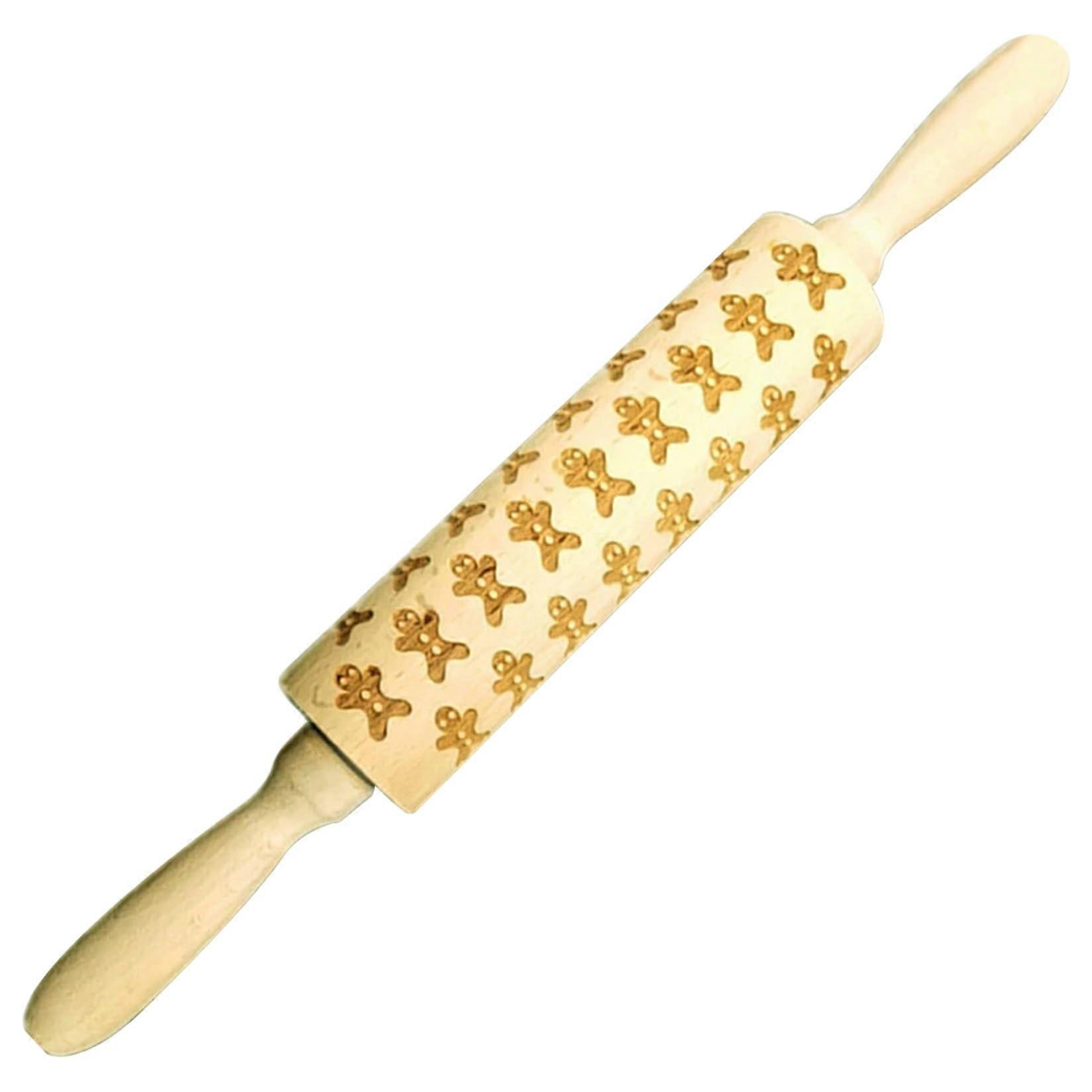 Embossed Rolling Pin 14 Inch Gingerbread Man Wooden Christmas Cookie Roller with Festive Pattern