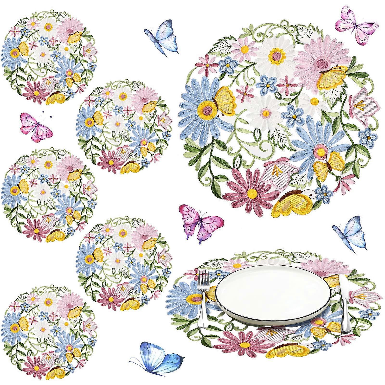 6 Pcs Floral Placemats 14 Inch Round Daisy Embroidered Table Mats for Spring Easter Dining Decor
