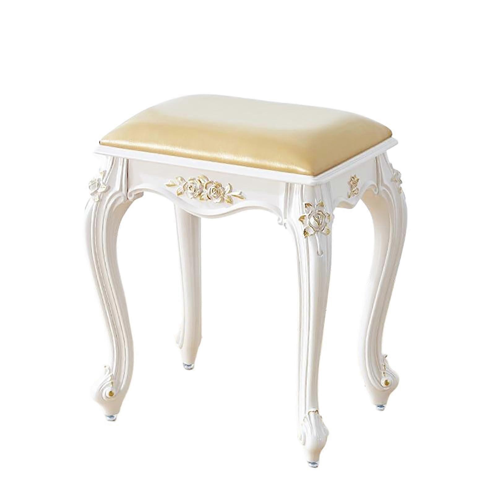 Vintage Vanity Stool with Cushioned Seat, Rectangular Gold Leather Makeup Chair, 300lbs Capacity