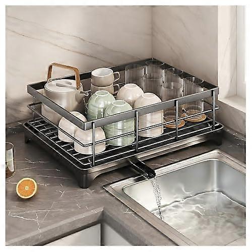 Black 2 Tier Dish Drying Rack with Drainboard, Utensil Holder and SpaceSaving Kitchen Organizer