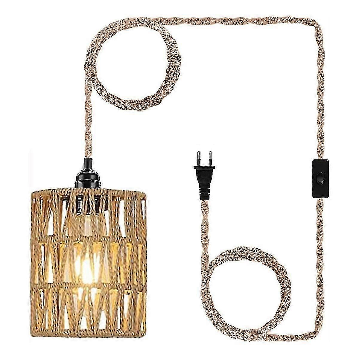 Boho Rattan Cylinder Plug-in Pendant Light for Ceiling