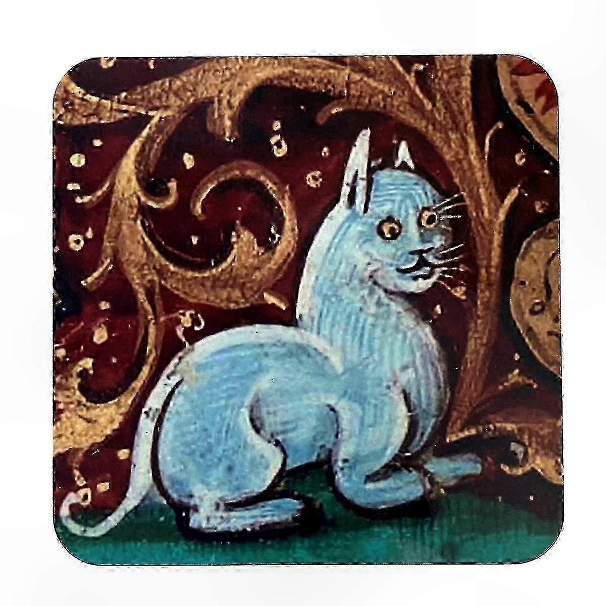 Round Drink Coasters with Medieval Cat Design - Patterned Coasters compatible with Glassware