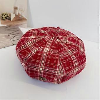 Plaid retro beret women's new British style versatile face small octagonal hat literary newsboy painter hat