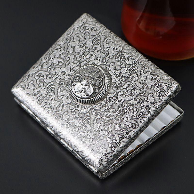 Pure Copper 20 Cigarette Case Three Dimensional Relief Cloud Pattern Inlaid Six Words