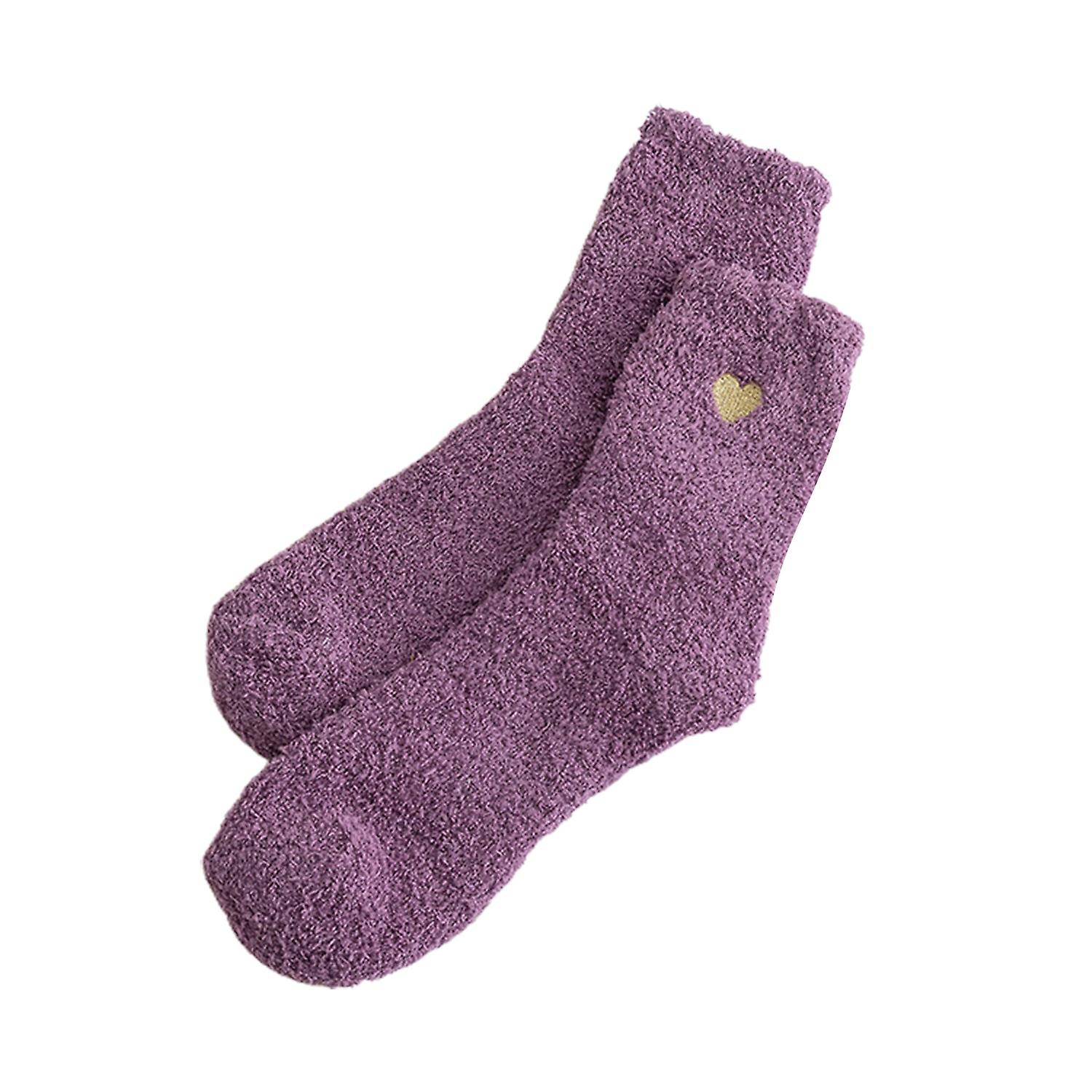 1 Pair Winter Women Floor Socks Heart Pattern Embroidery Solid Color Stretchy Coral Fleece Middle
