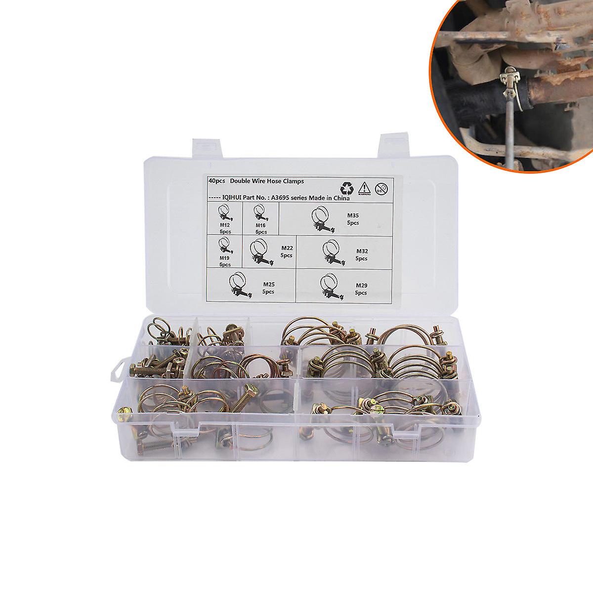 40Pcs Double Iron Wire Hose Clamp Double Wire Circumferential Band Plated Color Zinc Iron Wire Pipe Clamp 8 Specifications