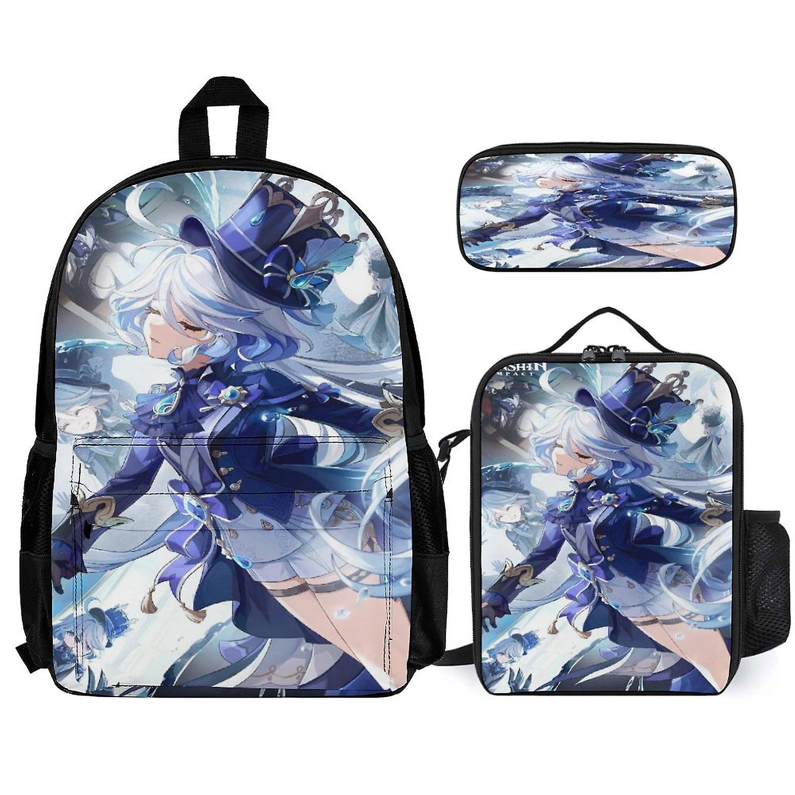 Genshin Impact Backpack 3 قطع مجموعة حقيبة ظهر للكمبيوتر المحمول مع مقلمة حقيبة غداء مختلطة