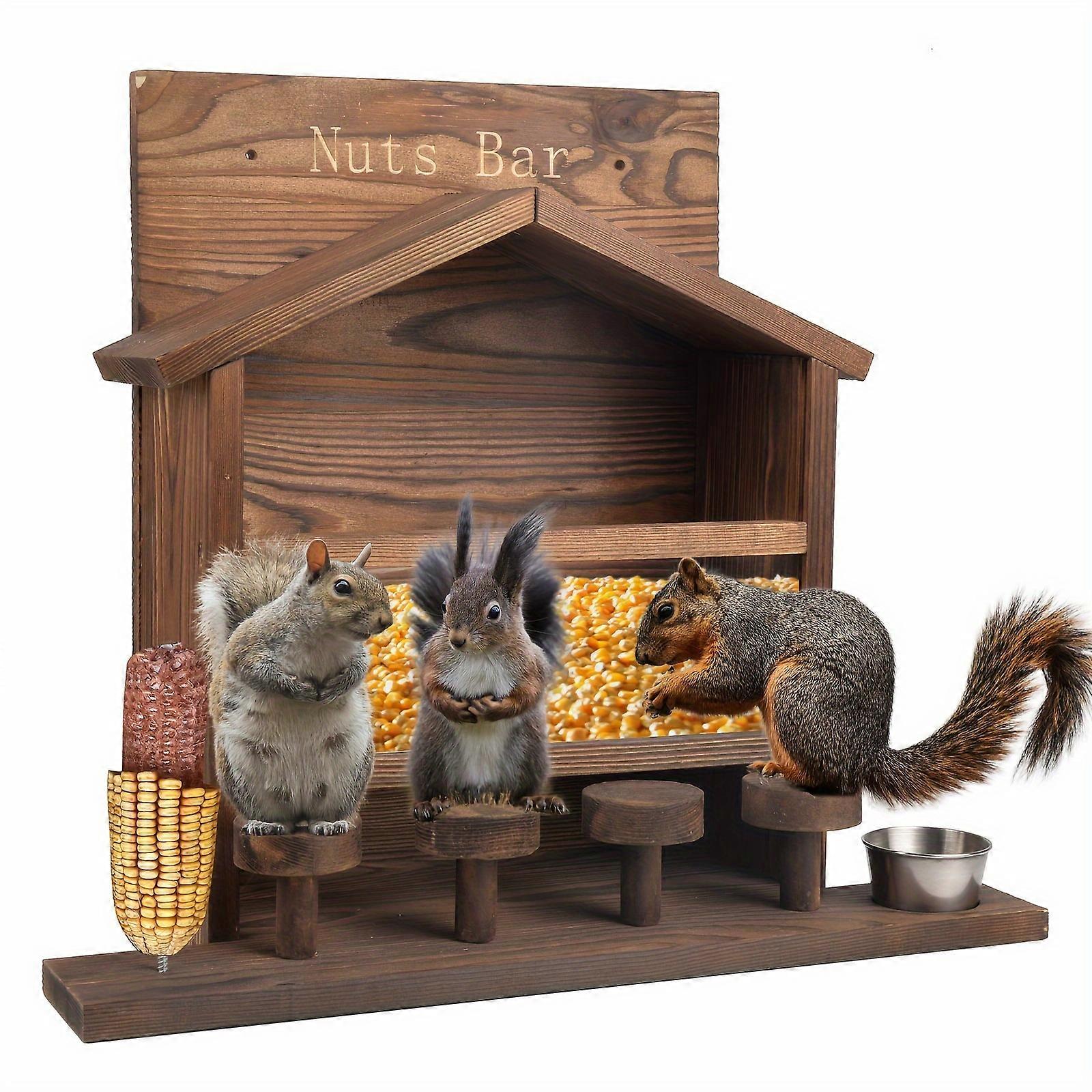 ChezMax Squirrel Feeder Picnic Table, Sturdy Wooden Squirrel House Nut Bar with Stools, Corn Holder and Water Bottle, Large Funny Chipmunk Feeding Sta