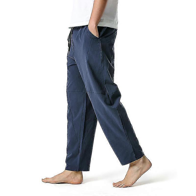 Mens Pants Cotton Linen Elastic Drawstring Waist Lightweight