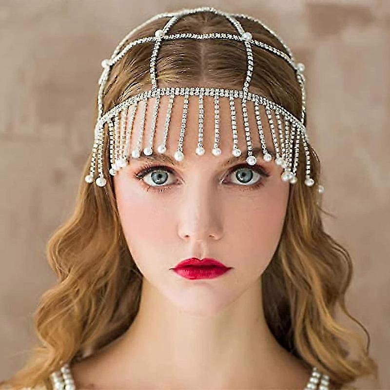 Rhinestone Tassel Head Chain Silver Cap Headpiece,crystal Flapper Cap