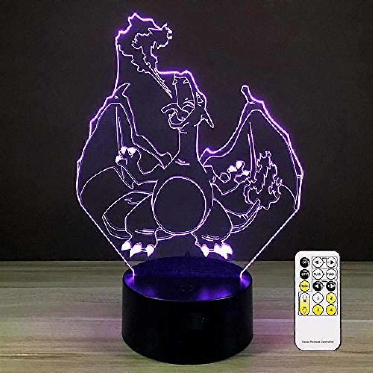 Wekity 3D Optical Illusion Charizard Night Light Toy Lamp,Remote Control,Dimmable,Battery or USB Powered,7 Colors Change