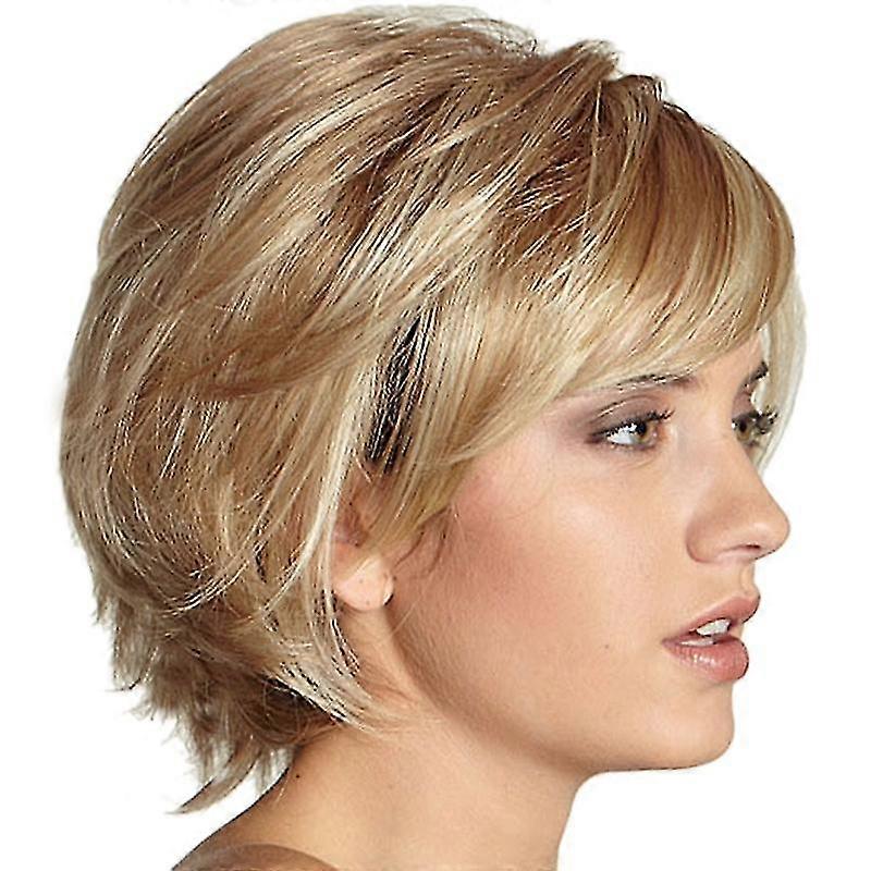 Short Layered Fluffy Wavy Full Synthetic Wig Blonde Highlights